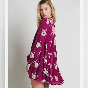Free People‎ Emma Peasant-Sleeve Embroidered Shift Dress Purple Combo Size Small